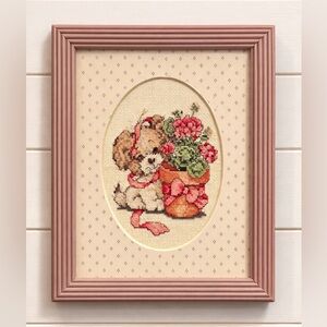Framed Cross-Stitch Puppy with Potted Flowers - Pink Frame 8x10